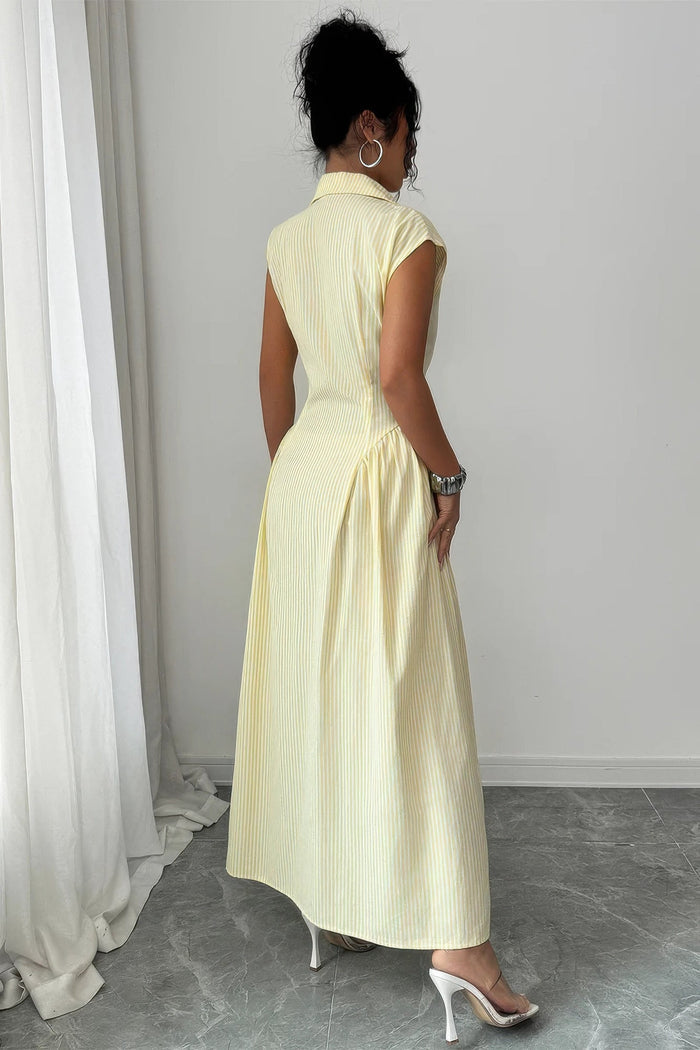 Front Slit Collar Cap Sleeve Ruched Waist Long Dress