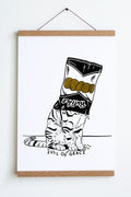 black line drawing of sitting cat with black and white chip bag with text ruffles and yellow chips over its head