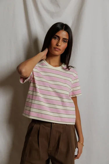 Gia Crew Tee-Sugar Pink Stripe