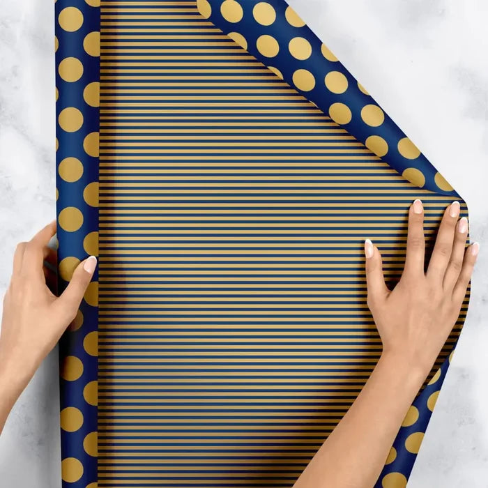 Gift Wrap - Navy Gold Dot & Stripe (Recycled Fiber)
