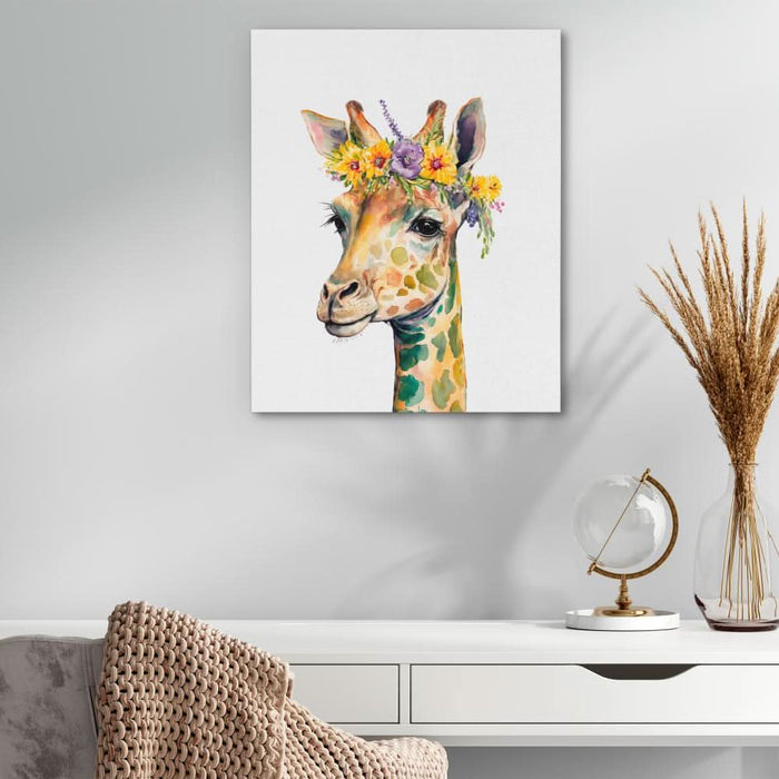Giraffe With Flowers - Modern Wall Art in Black Frame
