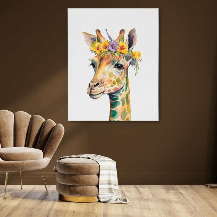 Giraffe With Flowers - Yellow Giraffe Canvas Print