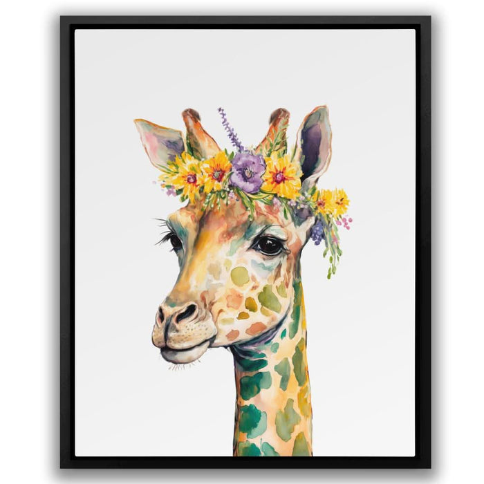 Giraffe With Flowers - Modern Yellow Canvas Wall Art