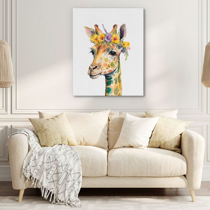 Giraffe With Flowers - Giraffe Wall Art in Black Frame
