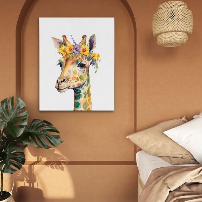 Giraffe With Flowers - Large Modern Canvas Print