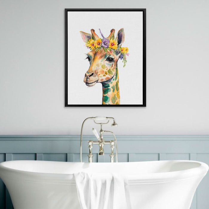 Giraffe With Flowers - Yellow Wall Art for Living Room