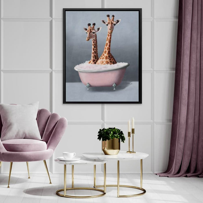 Giraffes In The Bath - Pink Giraffe Canvas Print