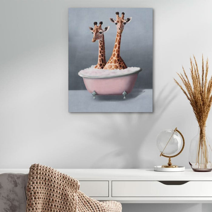 Giraffes In The Bath - Bohemian Pink Canvas Wall Art