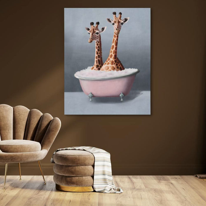 Giraffes In The Bath - Giraffe Wall Art in Black Frame