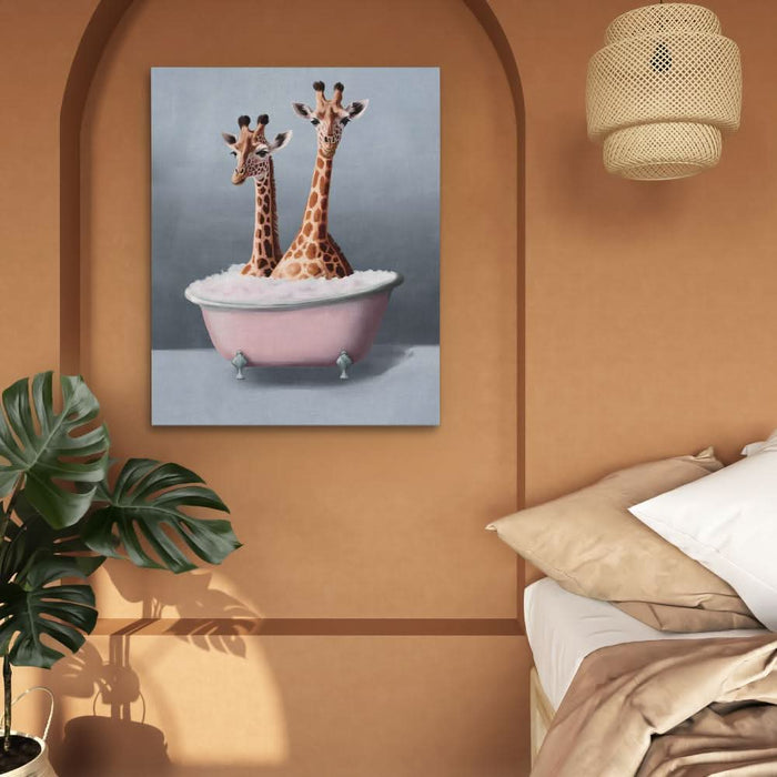 Giraffes In The Bath - Pink Wall Art for Living Room