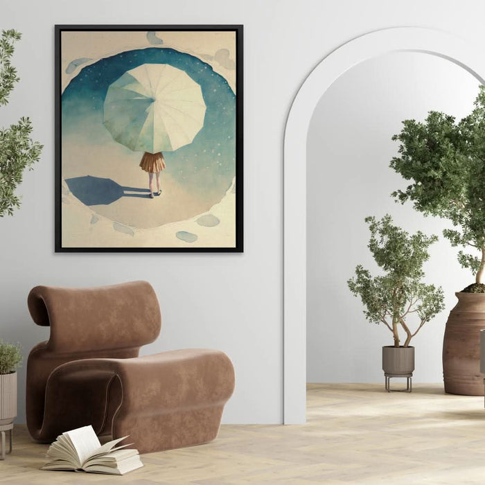 Girl with Umbrella - Modern Wall Art in Black Frame