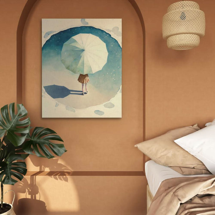 Girl with Umbrella - Beige Wall Art for Living Room
