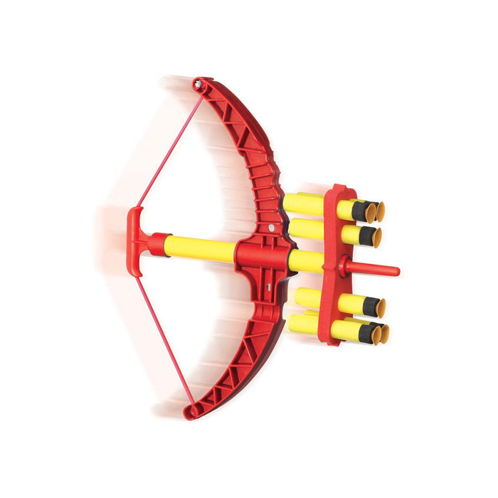 The GO! Launch Bow Shotz by GO! Launch is a red and yellow bow with a handle, string, and side slots holding foam-tipped darts. Ideal for target games, it’s shown against a white background.