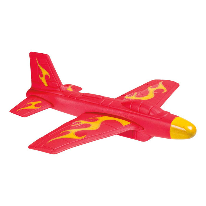 The GO! Launch Daredevil Flyer by GO! Launch is a red stunt toy airplane with yellow flames on the wings and tail, plus a bright yellow nose—ideal for outdoor play.