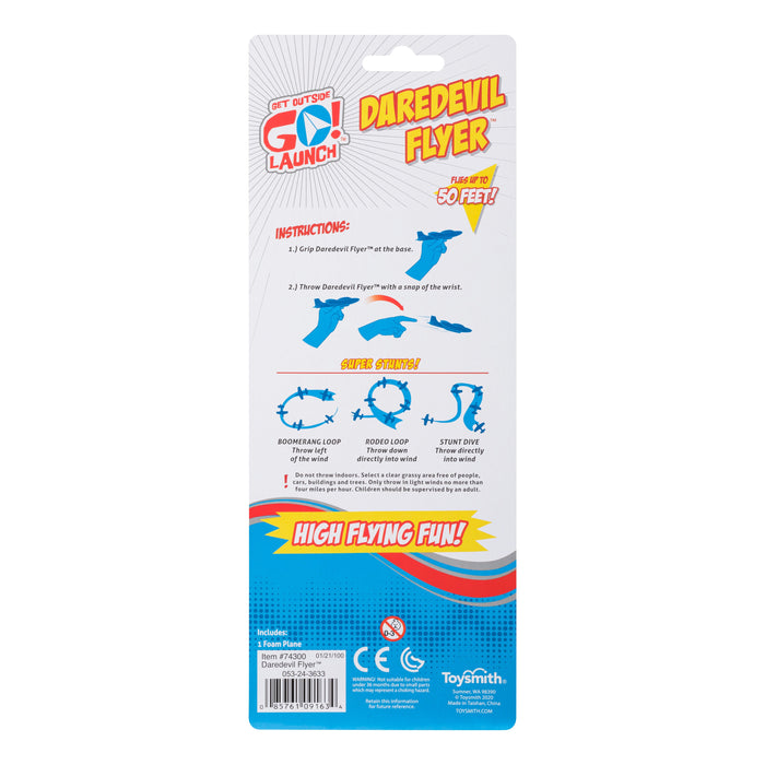 Back packaging of the GO! Launch Daredevil Flyer by GO! Launch features instructions and diagrams for Boomerang Loop, Round Loop, and Straight Dive tricks, safety tips, lively branding, and the slogan: High Flying Fun—great for outdoor play.