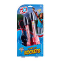 Packaging for GO! Launch Light-Up Rockets by GO! Launch shows two colorful rockets with a launcher. A child launches a rocket outdoors, highlighting backyard fun. Suitable for ages 6 and up.