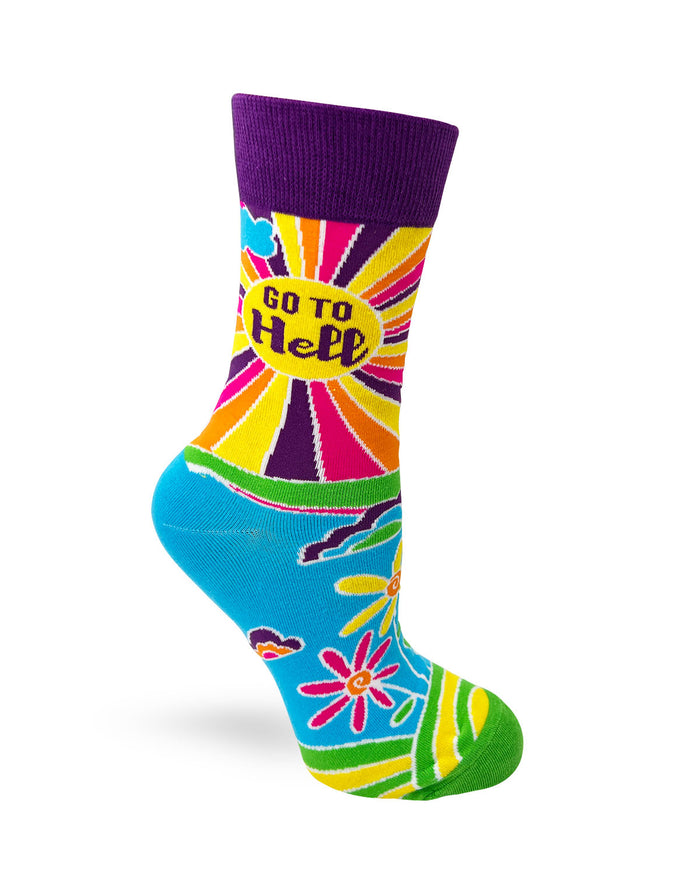 ladies' crew socks with flowers, sun and saying "Go to hell"