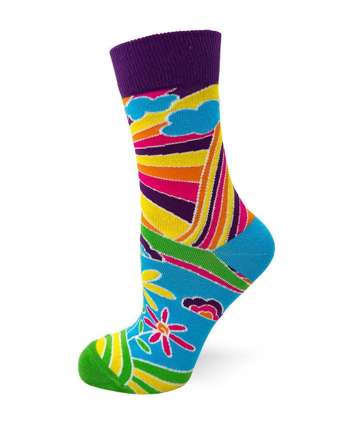 ladies' crew socks with blue sky, sun, and flowers