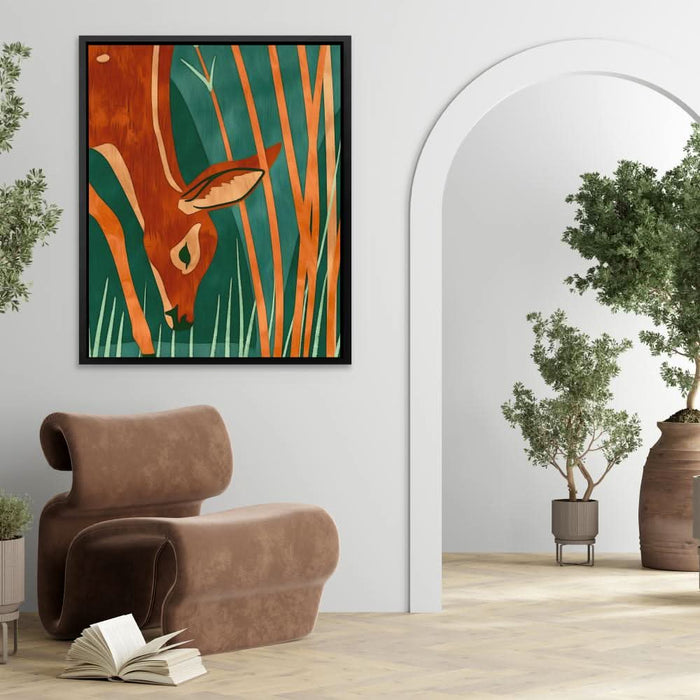 Grazing Deer - Wall Art in Black Frame