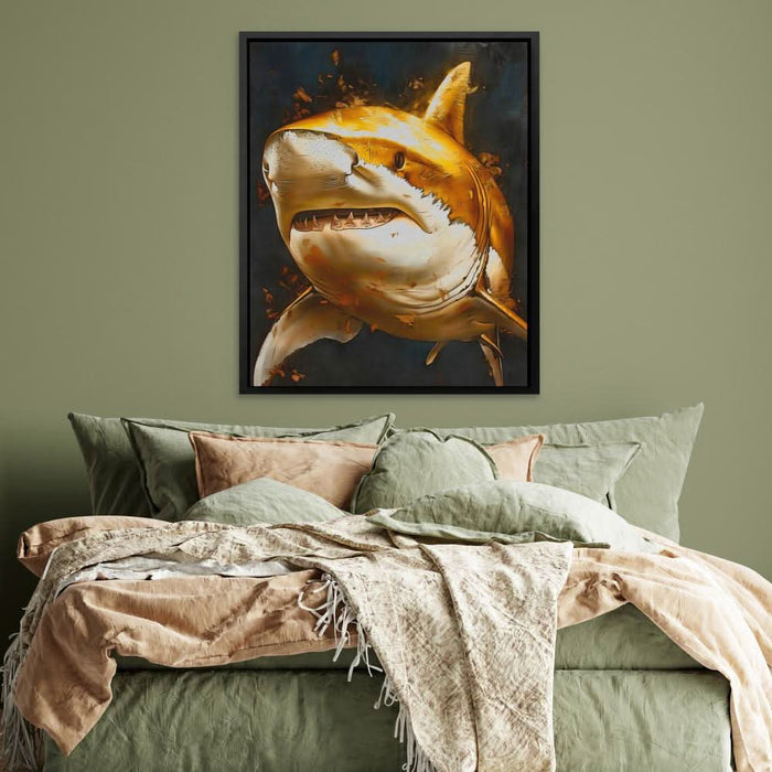Great Gold Shark - Black Gold and White Wall Art in Black Frame