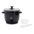 Black rice cooker with ceramic nonstick pot, glass lid, measuring cup, and rice paddle, 6-cup capacity.