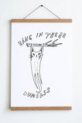 white background with loose line drawing in black of cat hanging from tree branch with text hang in there dumbass above and below image