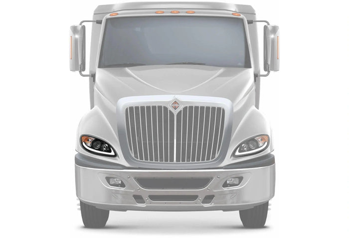 KOZAK Replacement Black Projector Headlight with Glow LED bar (Passenger Right Side) For International ProStar 2008-2016 PLUS Logo, Wipers, 2x H1, 2x H7 LED Bulbs, Frame License Plate and Vest