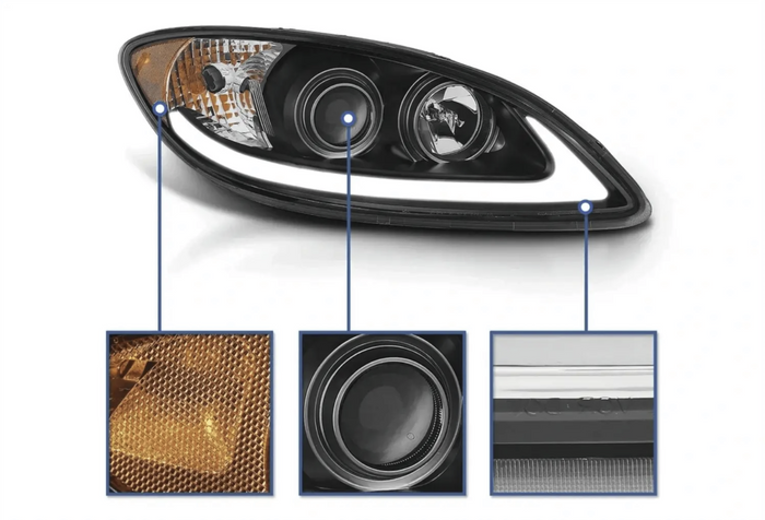 KOZAK Replacement Black Projector Headlight with Glow LED bar (Passenger Right Side) For International ProStar 2008-2016 PLUS Logo, Wipers, 2x H1, 2x H7 LED Bulbs, Frame License Plate and Vest