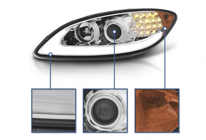 KOZAK Replacement Chrome LED Glow Bar LED Turn Signal Projector Headlight Driver Left Side for International ProStar 2008-2016 + Logo, Wipers, 2x H1, 2x H7 LED Bulbs, Frame License Plate, Vest