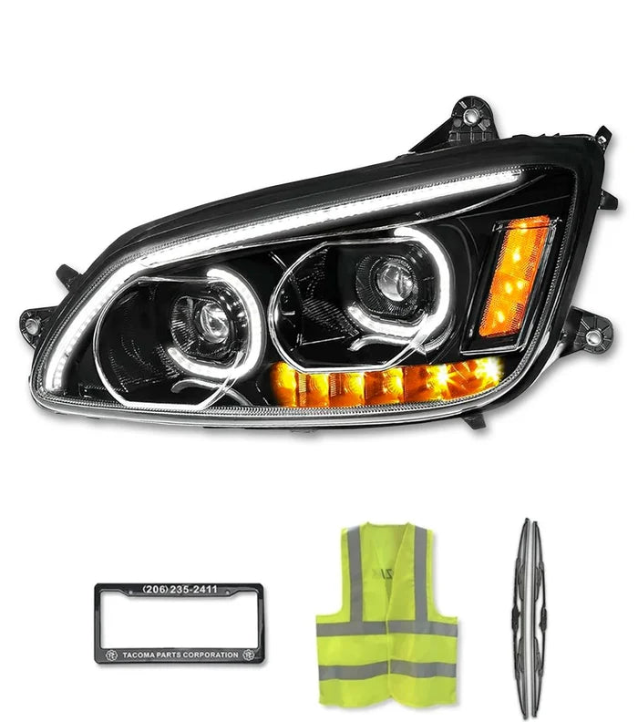 Headlight LED Black with Turn Signal Dual Driver 2008-2018 Kenworth T660 T370