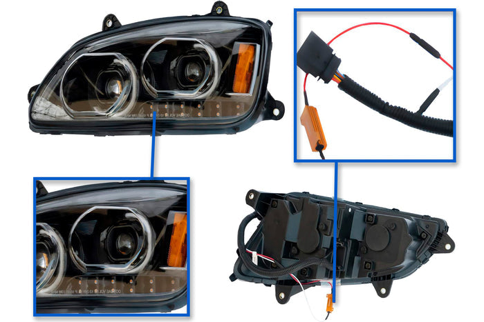 Headlight LED Black with Turn Signal Dual Driver 2008-2018 Kenworth T660 T370