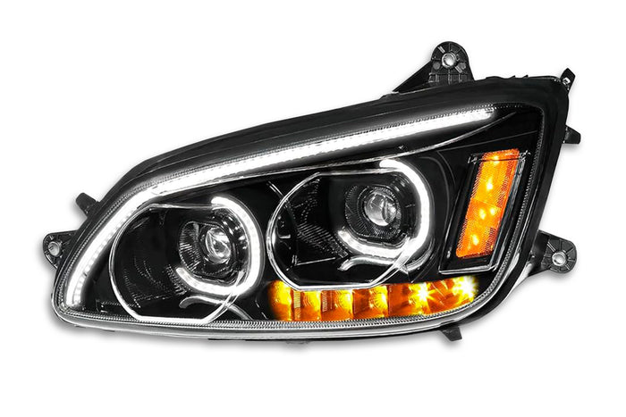 Headlight LED Black with Turn Signal Dual Driver 2008-2018 Kenworth T660 T370
