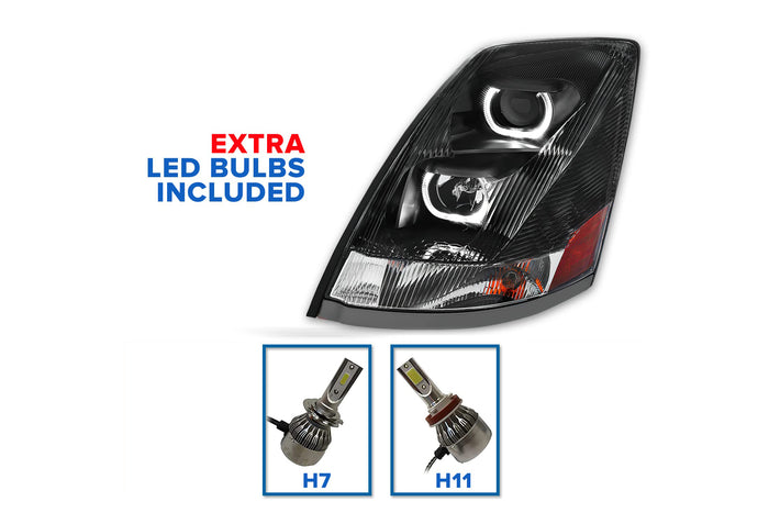 Headlight with LED bar Black Driver 2004-2017 Volvo VNL VNX VT
