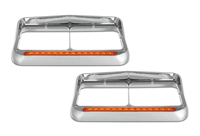 Headlights Bezels Chrome with 12" Amber/Yellow LED Light Strip Bar 2 Pcs For Peterbilt 378 379 -