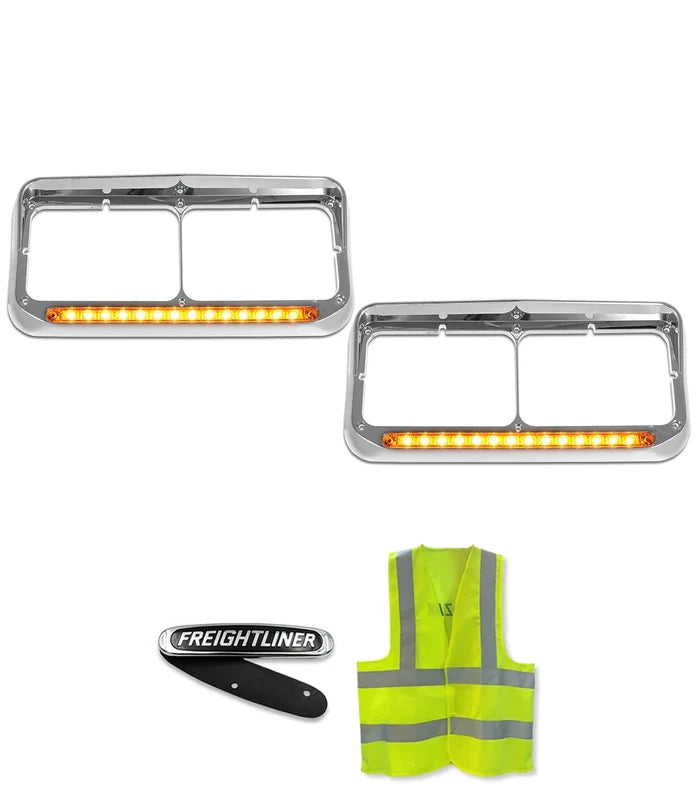 Headlights Bezels C500 Chrome with 12" Amber LED Light Strip Bar Freightliner FLD Classic XL