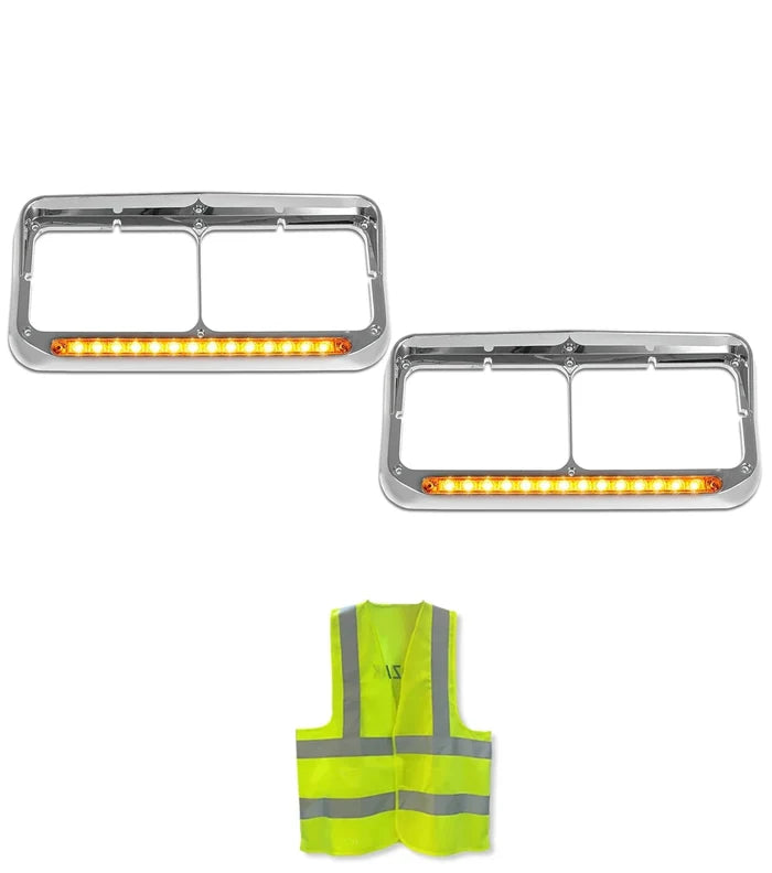 Headlights Bezels C500 Chrome with 12" Amber LED Light Strip Bar Western Star 4900 4800 6900
