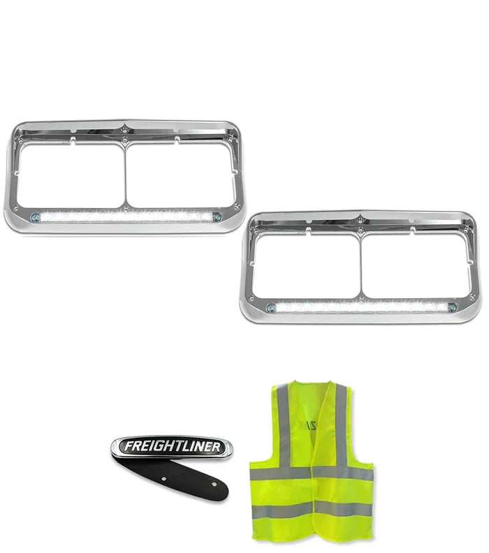 Headlights Bezels C500 Chrome with 12" Clear LED Light Strip Bar Freightliner FLD Classic XL