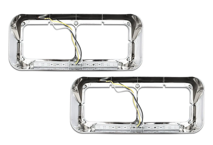 Headlights Bezels Chrome with 12" Clear/White LED Light Strip Bar 2 Pcs For Freightliner FLD Classic XL -