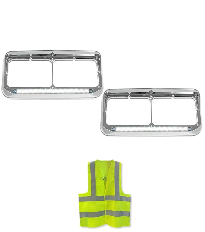 Headlights Bezels C500 Chrome with 12" Clear LED Light Strip Bar Western Star 4900 4800 6900
