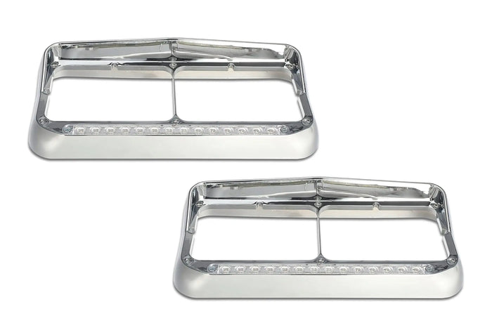 Headlights Bezels Chrome with 12" Clear/White LED Light Strip Bar 2 Pcs For Western Star 4900 -