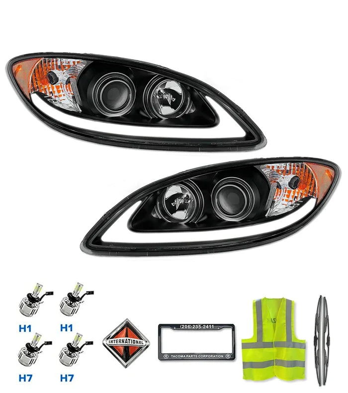 International Prostar Black Projector Headlights with Glow LED Pair | Tacoma Semi Truck Parts & Accessories