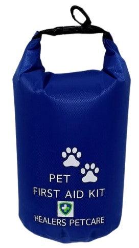 A compact drybag containing essential items for pet first aid, including bandages and antiseptic wipes.