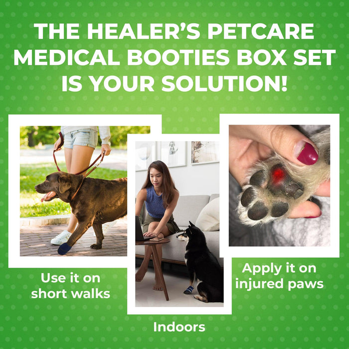 A box of healer's petcare medical booties, designed as a solution for pet paw protection and comfort during recovery.