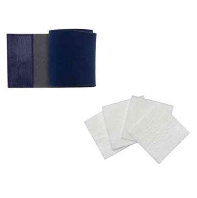Blue and grey Healers Elastic Wrap Leg Bandage, partially unrolled, next to a small stack of white Healers gauze pads. Both products on a white background.