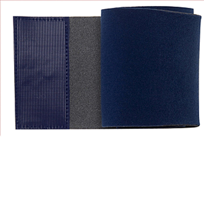 Blue and grey Healers Elastic Wrap Leg Bandage, partially unrolled, showing different materials and textures. Plain white background.