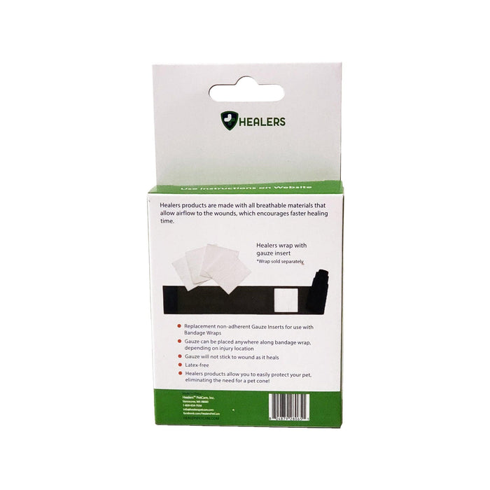 Rear view of Healers Gauze Insert Bandages box. Shows product benefits, diagrams, and Healers logo. White box on white background.
