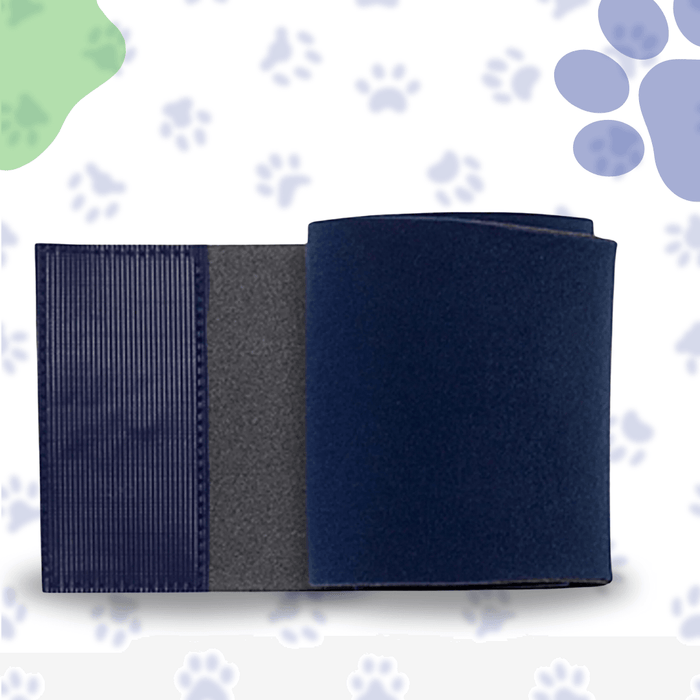 Blue and grey Healers Elastic Wrap Leg Bandage, partially unrolled, showing texture and layers. Light background with blue and green paw prints.