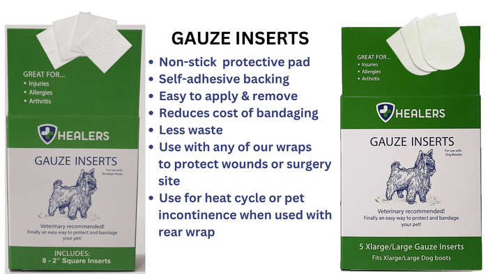 Two boxes of Healers Gauze Inserts for dogs. Lists benefits and uses. Boxes show dog illustration and text. Includes 8 small or 5 large inserts. White gauze pads visible.