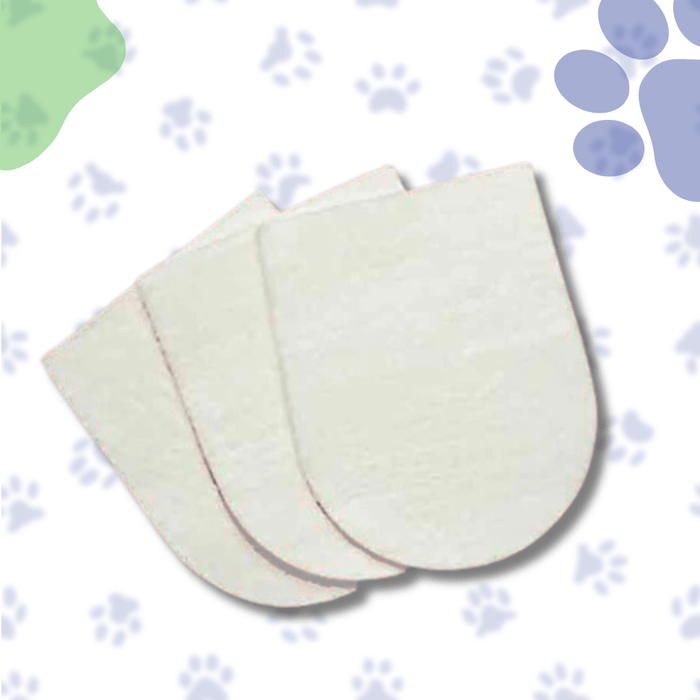 Close-up of three white, soft-looking Healers Gauze pads, u-shaped. Light background with blue and green paw prints.