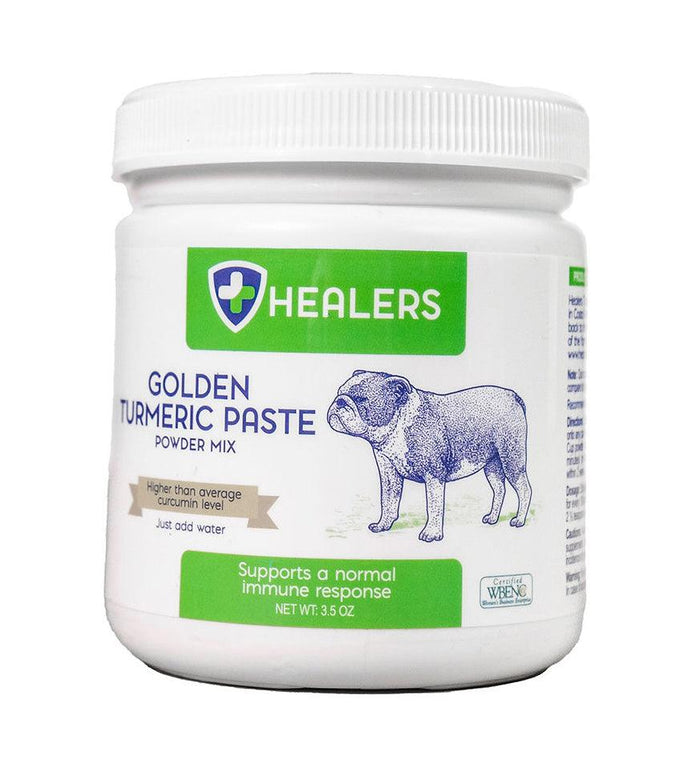 Healers Golden Turmeric Paste powder mix in a white jar. Label shows a bulldog and text highlighting immune support. Plain white background.